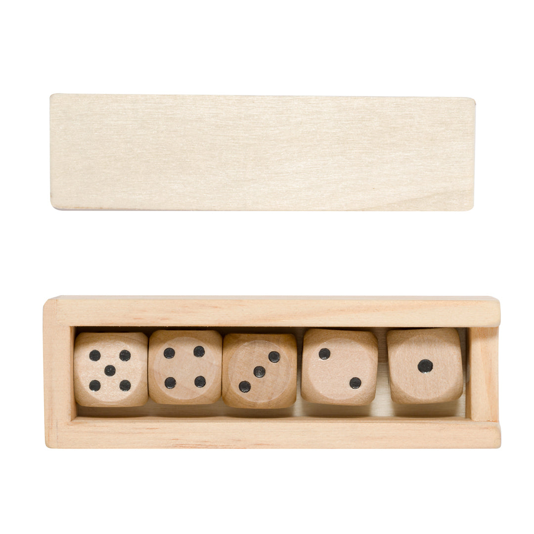 Conjunto de 5 Dados em Madeira com Estojo Elegante
