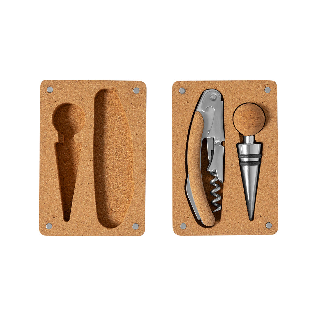 Conjunto de Acessórios para Vinho em Cortiça e Aço Inox