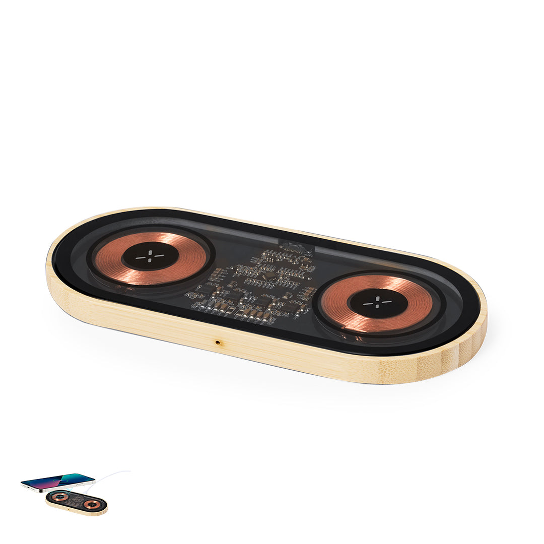 Carregador Wireless Duplo 15W com Base de Bambu
