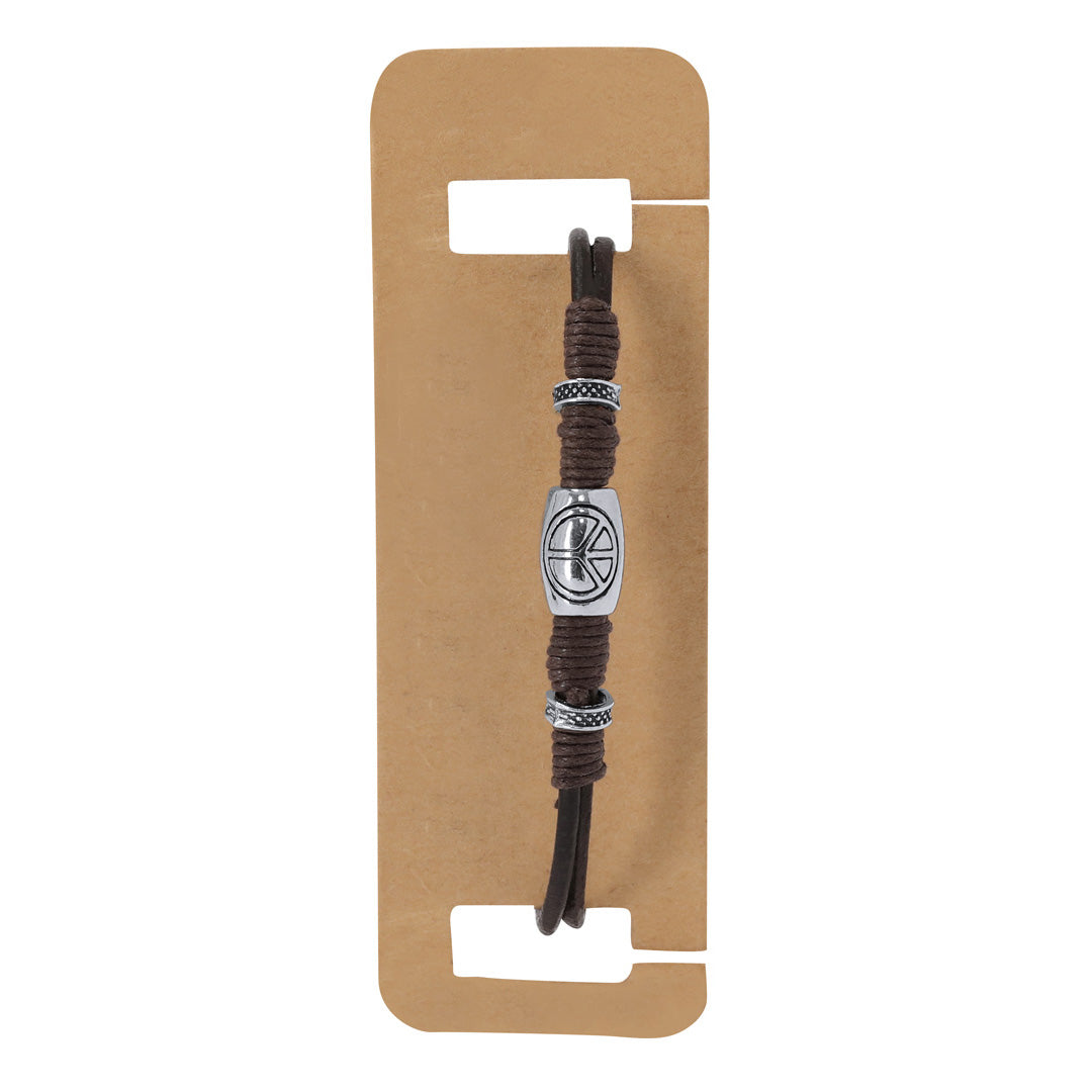 Pulseira em pele castanha com pingente da paz