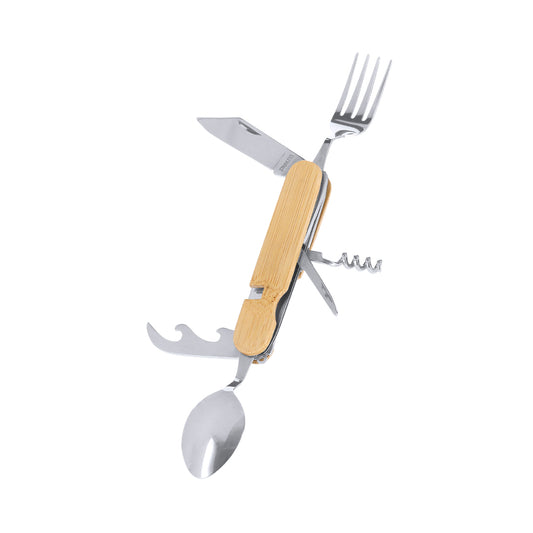 Conjunto de Talheres Multifuncional em Aço Inox e Bambu
