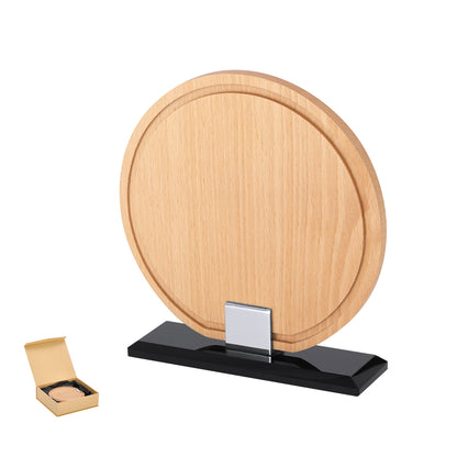 Placa Redonda em Madeira com Base em Vidro
