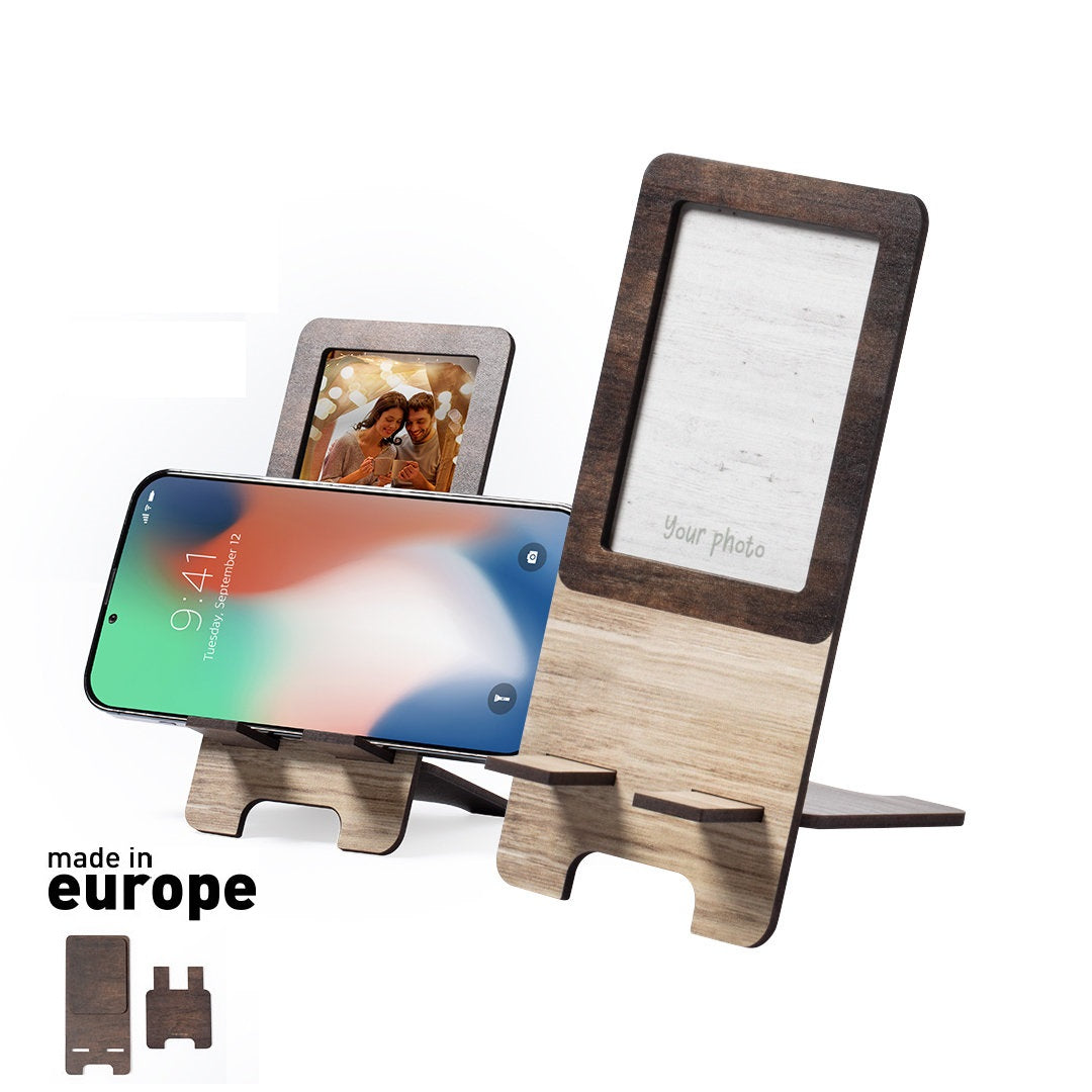 Suporte para Smartphone e Porta-Fotos em Madeira Bicolor