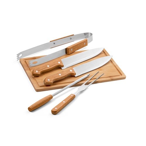 Conjunto FLARE para barbecue com 5 peças em madeira, aço inox e tábua de bambu