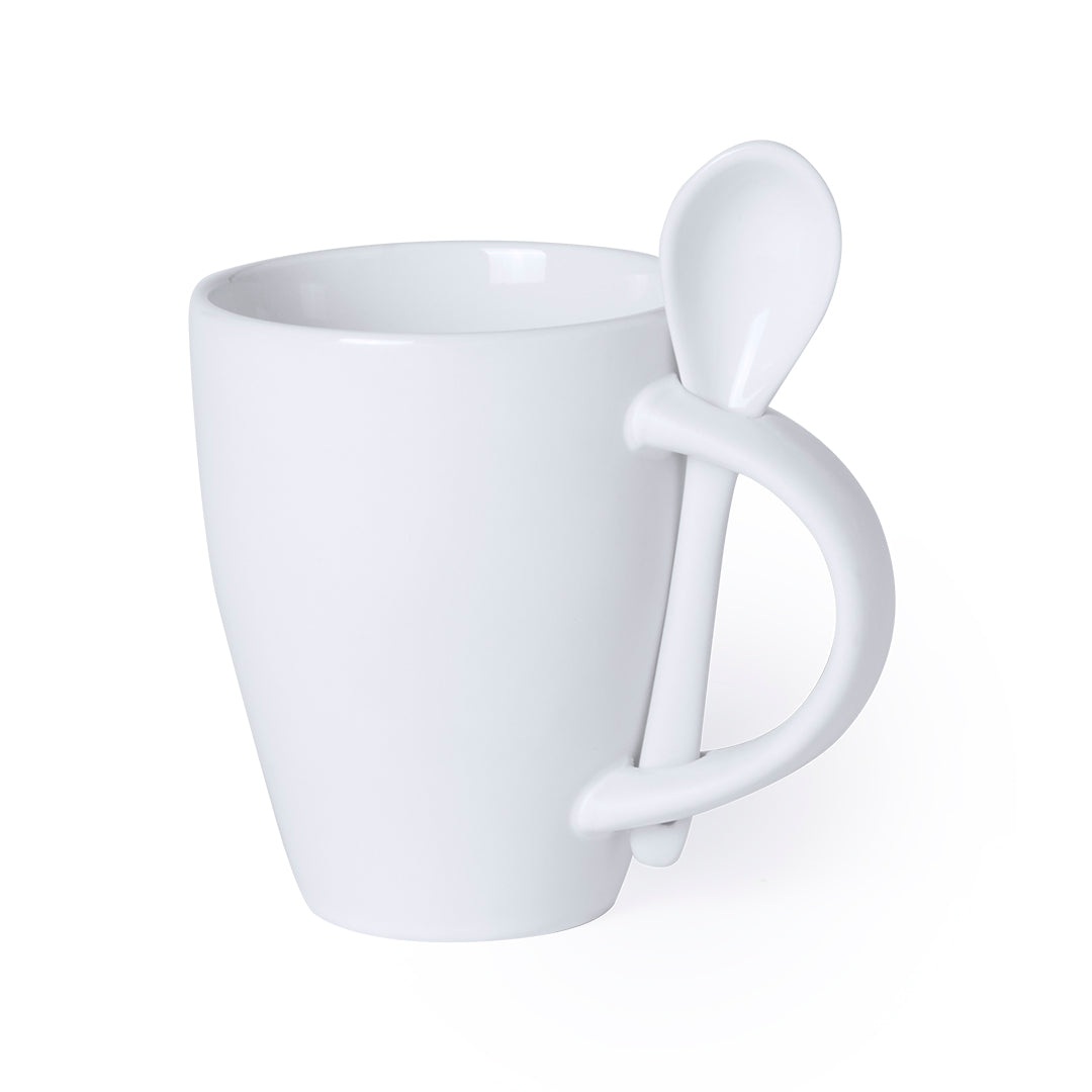 Caneca de Cerâmica Branca com Colher Integrada 300ml