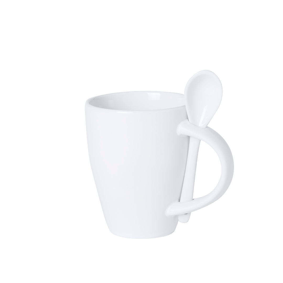 Caneca de Cerâmica Branca com Colher Integrada 300ml