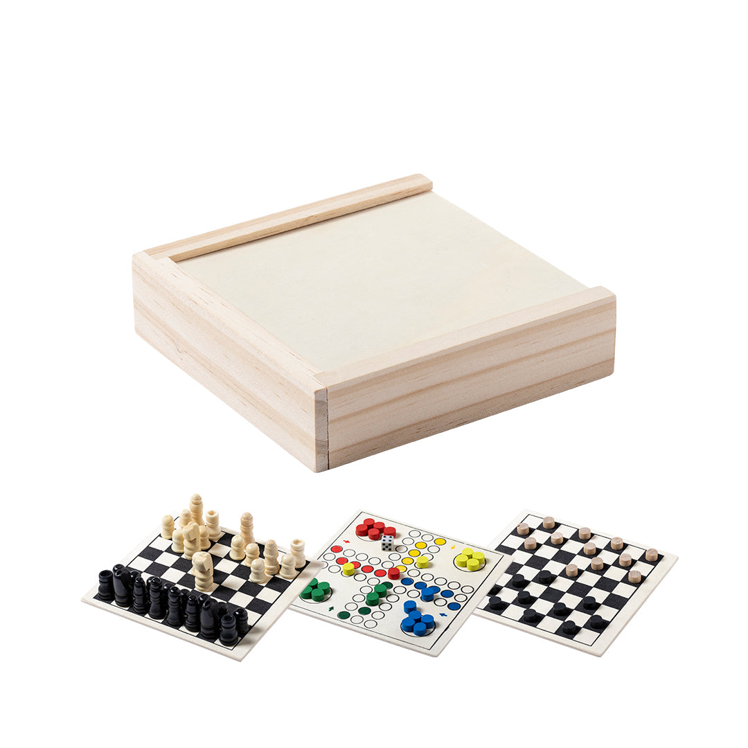 Set Jogos Nature: Xadrez, Parchís e Damas em Estojo de Madeira