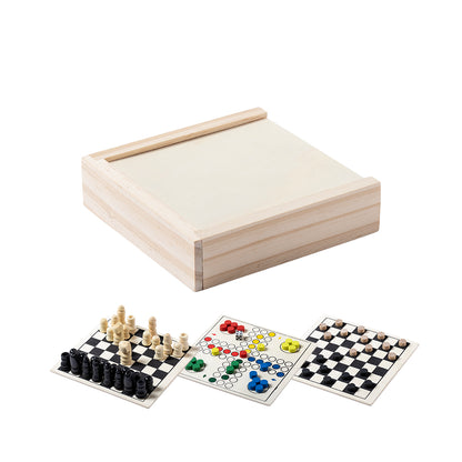Set Jogos Nature: Xadrez, Parchís e Damas em Estojo de Madeira