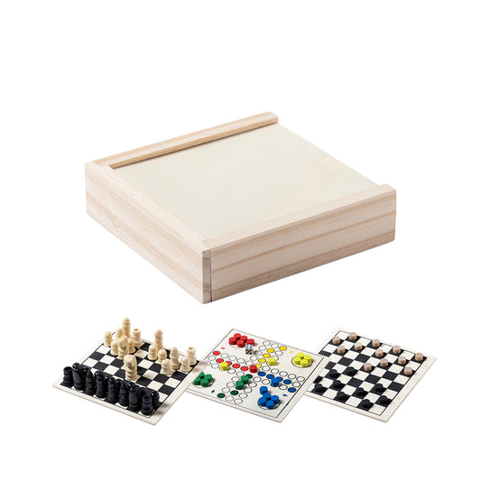 Set Jogos Nature: Xadrez, Parchís e Damas em Estojo de Madeira