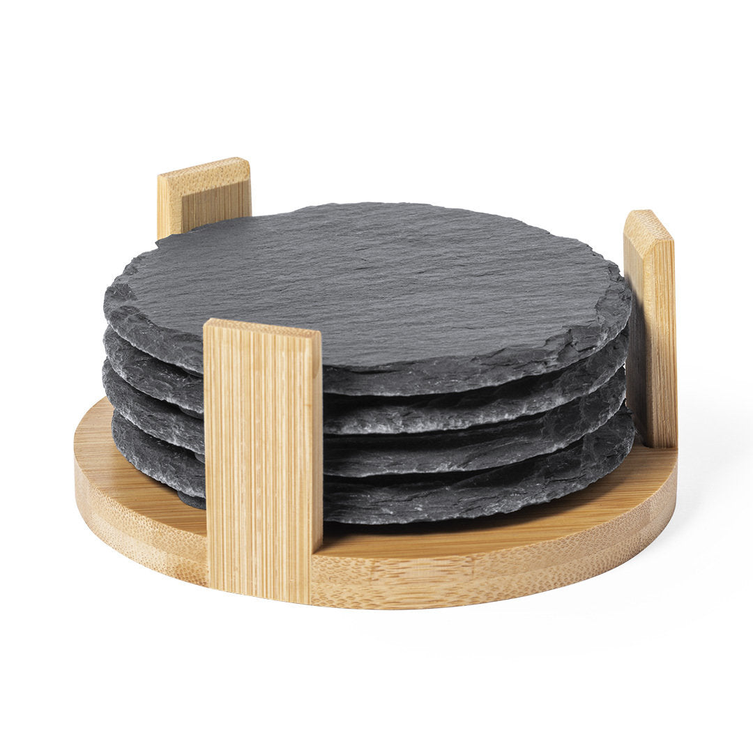 Conjunto de 4 Porta-copos em Ardósia Natural com Suporte de Bambu