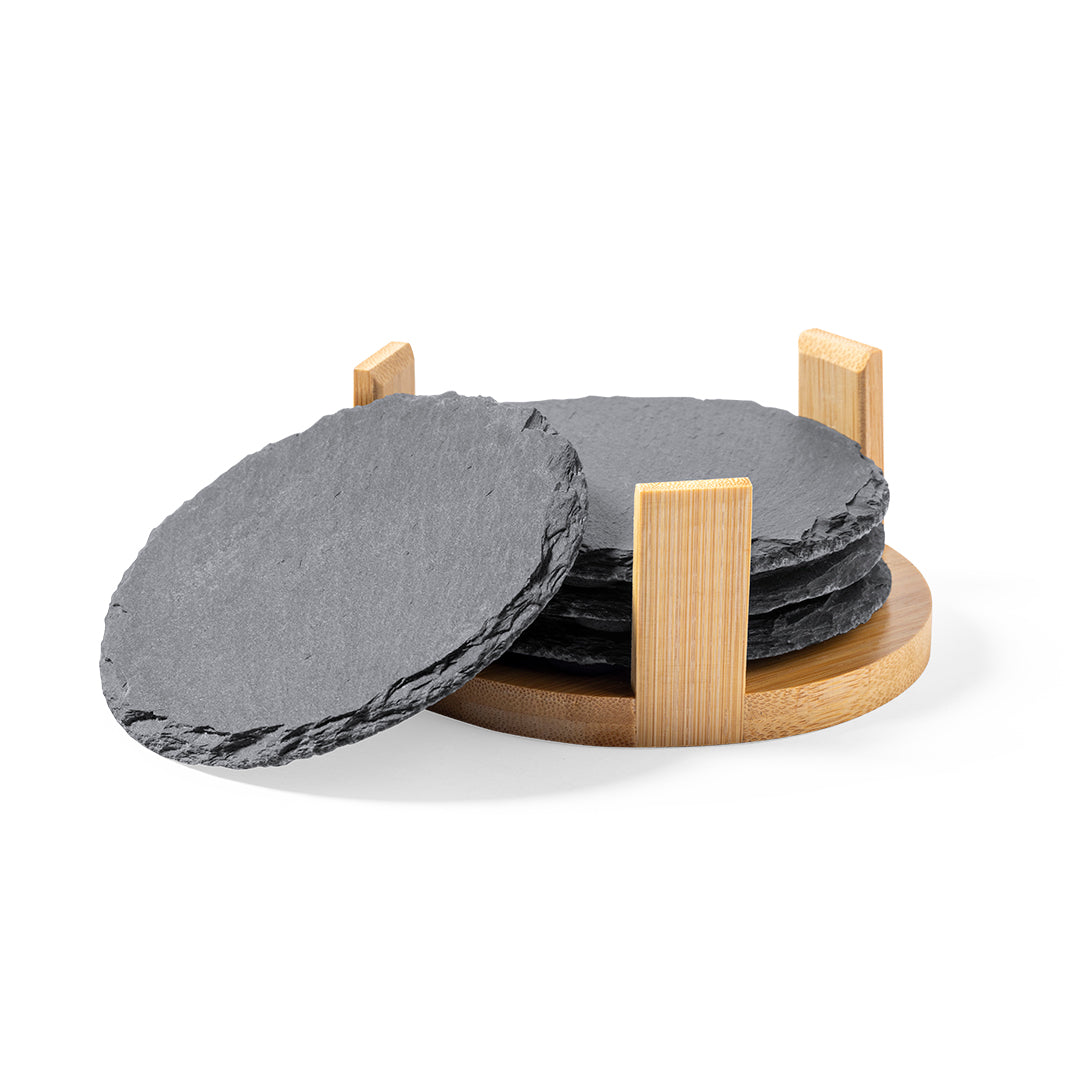 Conjunto de 4 Porta-copos em Ardósia Natural com Suporte de Bambu