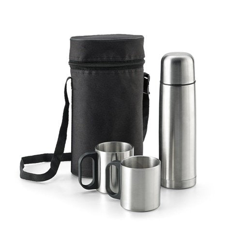 DURANT: Garrafa Térmica e 2 Canecas em Aço Inoxidável com Bolsa