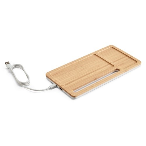 Organizador de secretária com carregador wireless 15W em bambu e ABS