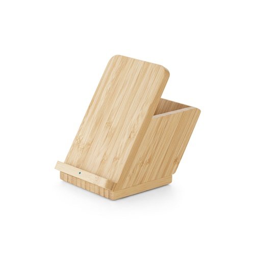 LEAVITT: Suporte para Smartphone e Porta Esferográficas com Carregador Wireless 10W em Bambu