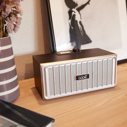 Alto-falante Bluetooth Universal Music COOL Retro (20W) Madeira Preto Frente Prateado