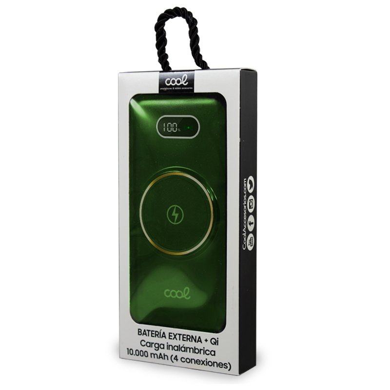 Banco de alimentação de bateria externa universal 10.000 mAh + carregamento sem fio Qi (4 conexões) Verde