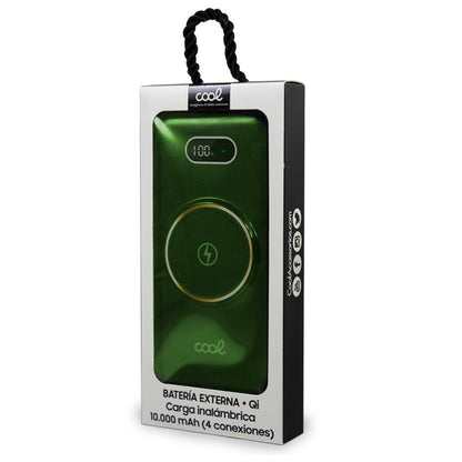 Banco de alimentação de bateria externa universal 10.000 mAh + carregamento sem fio Qi (4 conexões) Verde