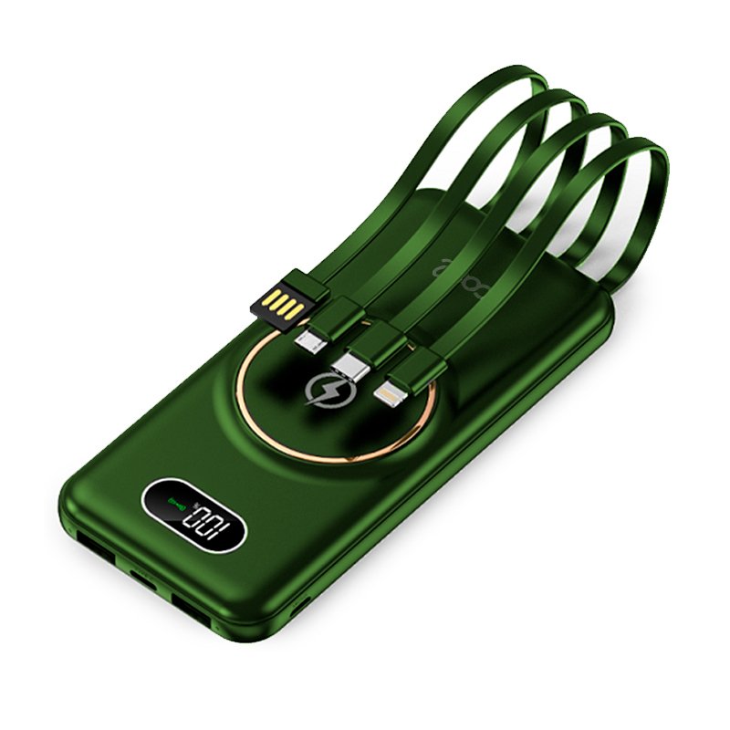 Banco de alimentação de bateria externa universal 10.000 mAh + carregamento sem fio Qi (4 conexões) Verde