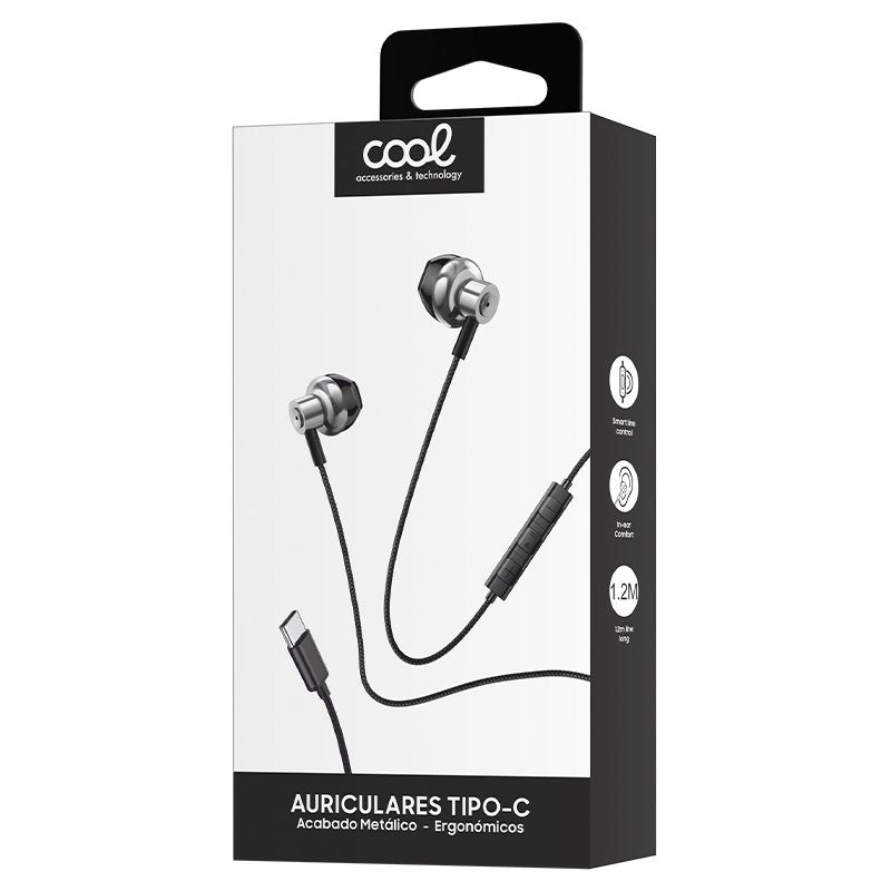Auscultadores Estéreo Tipo C COOL com microfone (Metal) Prateado