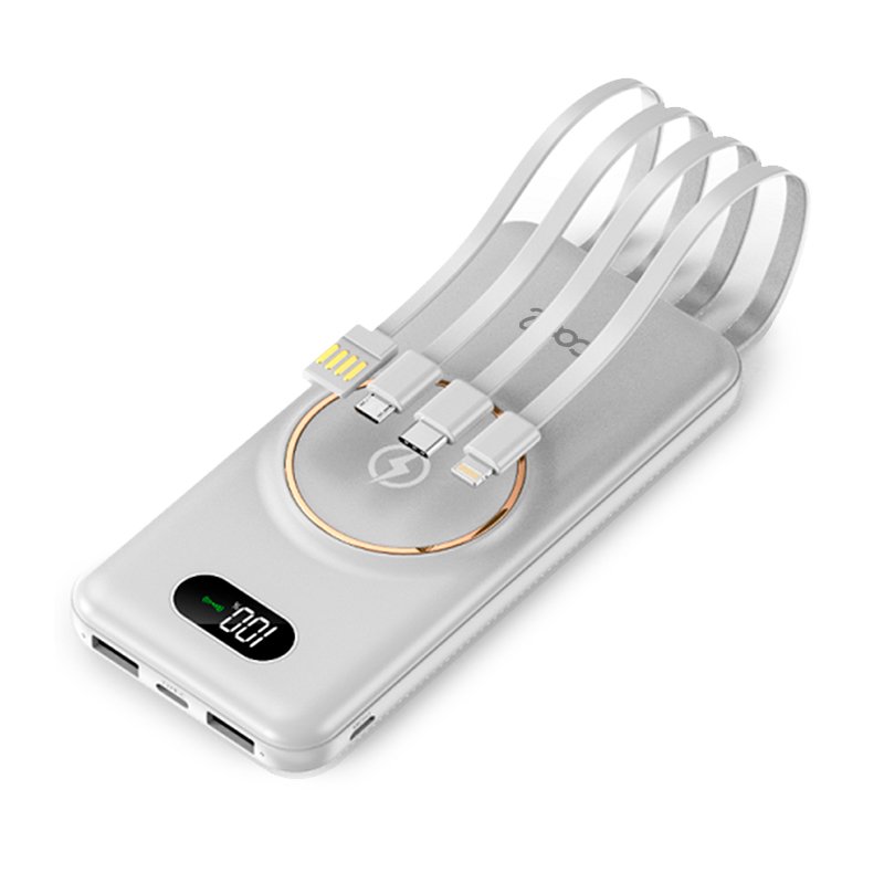 Banco de alimentação de bateria externa universal 10.000 mAh + carregamento sem fio Qi (4 conexões) Branco