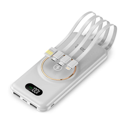 Banco de alimentação de bateria externa universal 10.000 mAh + carregamento sem fio Qi (4 conexões) Branco