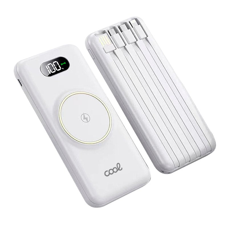 Banco de alimentação de bateria externa universal 10.000 mAh + carregamento sem fio Qi (4 conexões) Branco