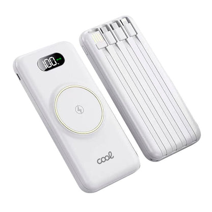 Banco de alimentação de bateria externa universal 10.000 mAh + carregamento sem fio Qi (4 conexões) Branco