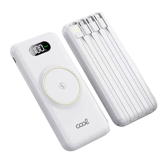 Banco de alimentação de bateria externa universal 10.000 mAh + carregamento sem fio Qi (4 conexões) Branco