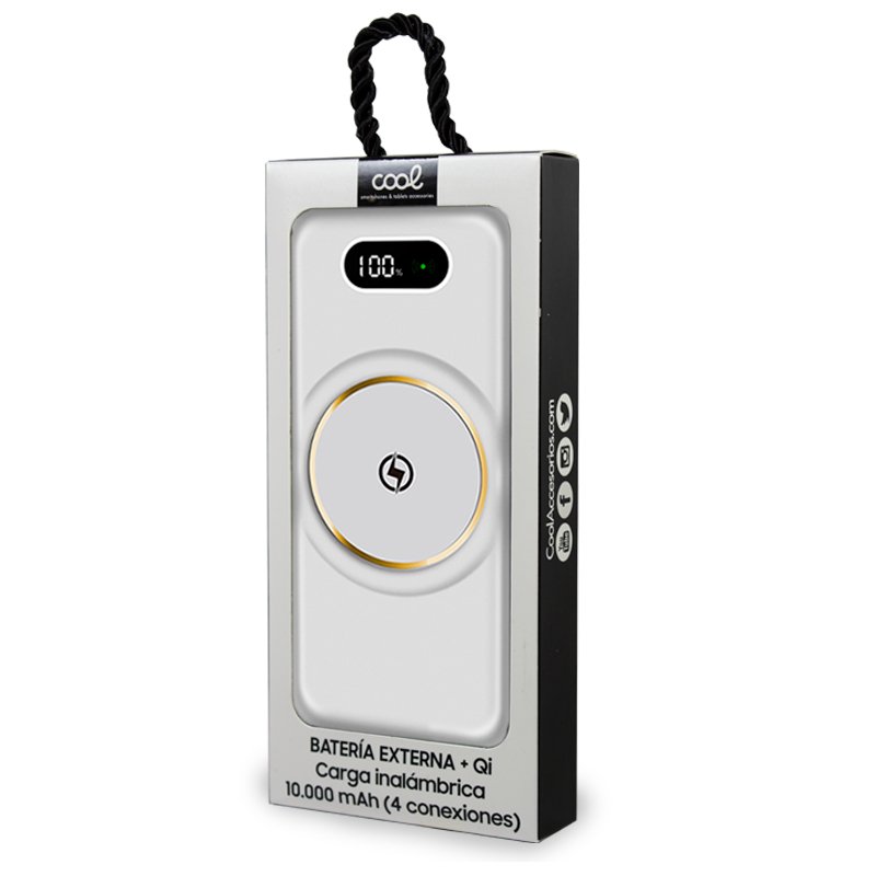 Banco de alimentação de bateria externa universal 10.000 mAh + carregamento sem fio Qi (4 conexões) Branco