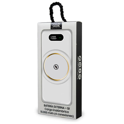 Banco de alimentação de bateria externa universal 10.000 mAh + carregamento sem fio Qi (4 conexões) Branco