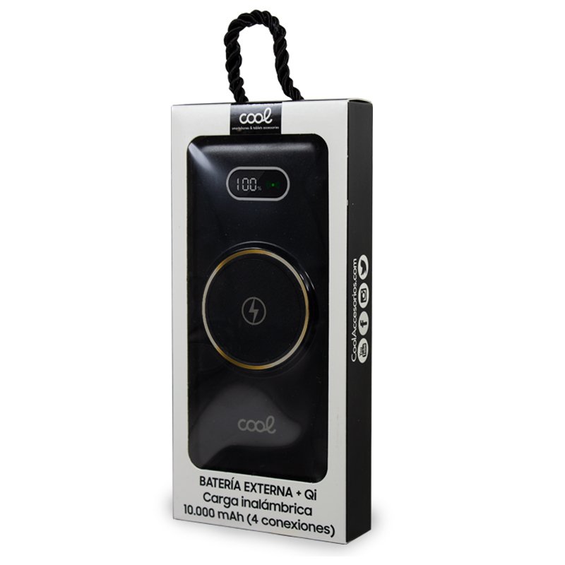Banco de alimentação de bateria externa universal 10.000 mAh + carregamento sem fio Qi (4 conexões) Preto