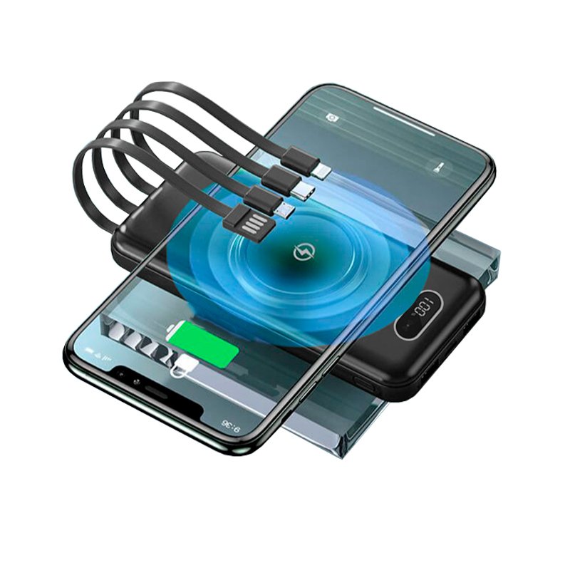 Banco de alimentação de bateria externa universal 10.000 mAh + carregamento sem fio Qi (4 conexões) Preto