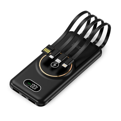 Banco de alimentação de bateria externa universal 10.000 mAh + carregamento sem fio Qi (4 conexões) Preto