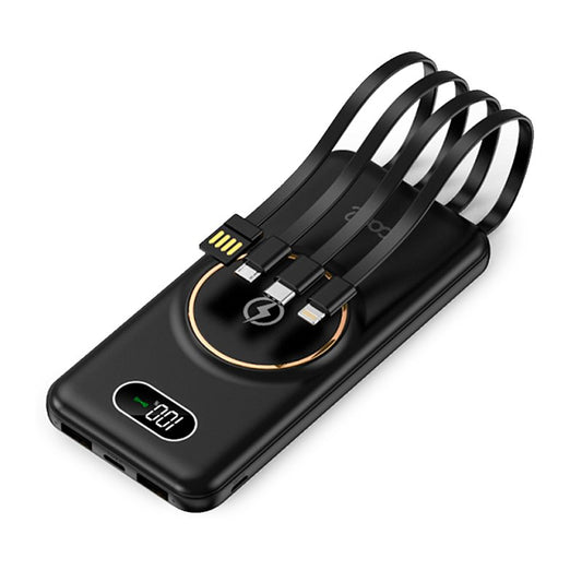 Banco de alimentação de bateria externa universal 10.000 mAh + carregamento sem fio Qi (4 conexões) Preto