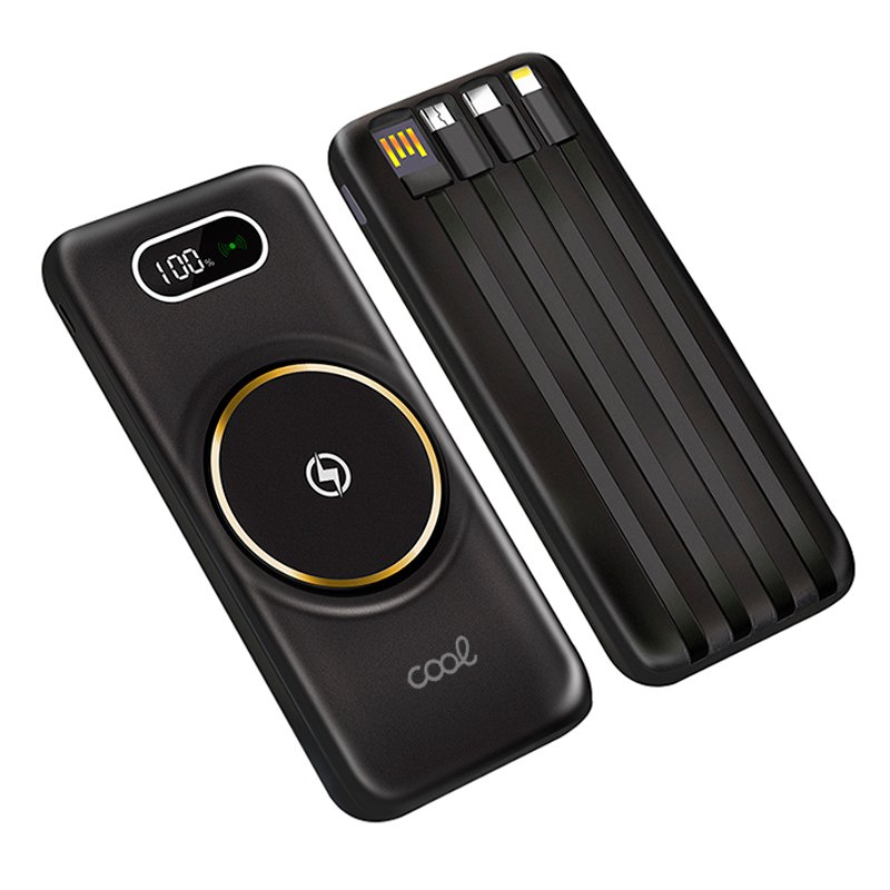 Banco de alimentação de bateria externa universal 10.000 mAh + carregamento sem fio Qi (4 conexões) Preto