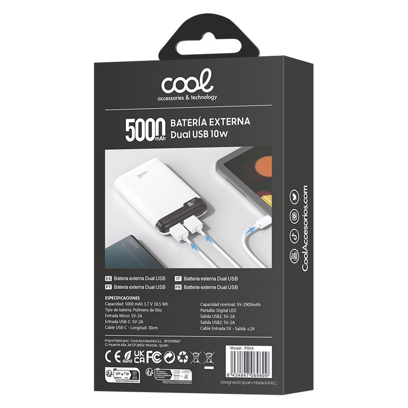 Bateria Externa Power Bank 5000 mAh Display COOL 10W Branco