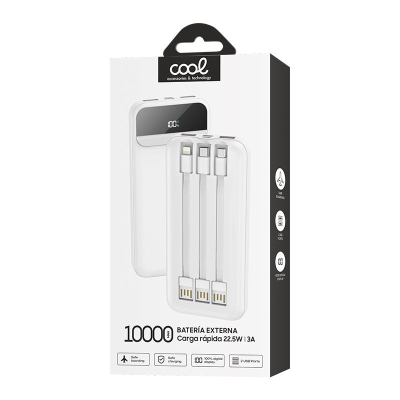 Bateria Externa Universal Power Bank 10.000 mAh + Carregamento Rápido 22,5W - 3A (3 conexões) Branco