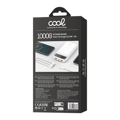 Bateria Externa Universal Power Bank 10.000 mAh + Carregamento Rápido 22,5W - 3A (3 conexões) Branco