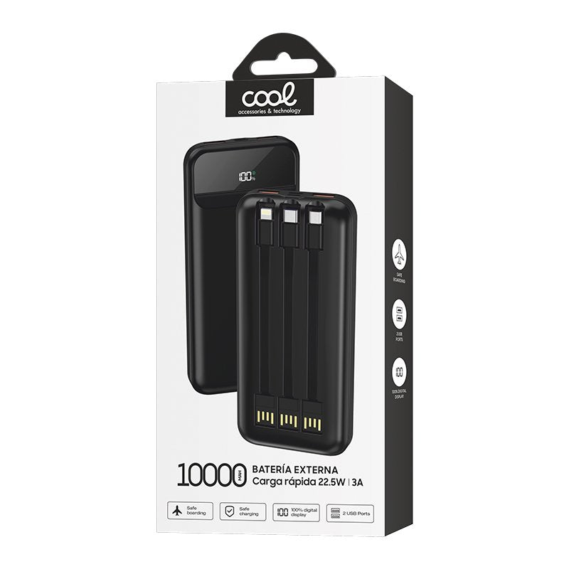 Bateria Externa Universal Power Bank 10.000 mAh + Carregamento Rápido 22,5W - 3A (3 conexões) Preto