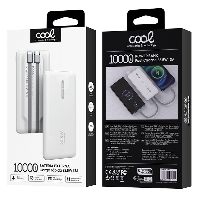 Bateria Externa Universal Power Bank 10.000 mAh PD 22,5W (2 conexões) Branco