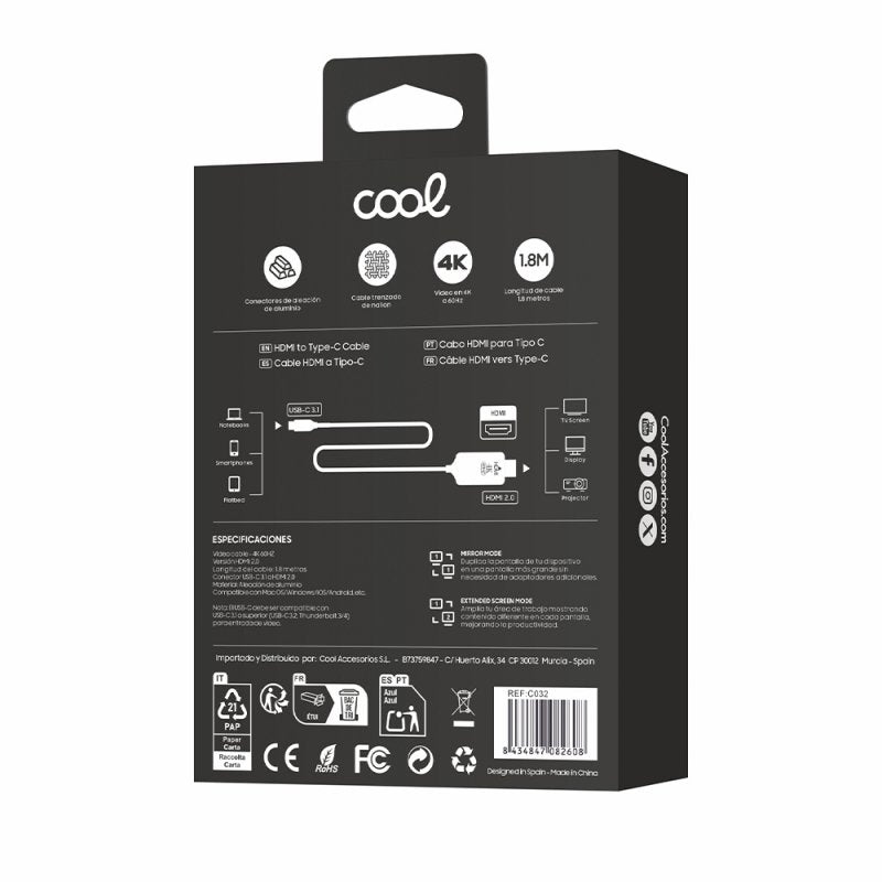 Cabo HDMI para Tipo-C Áudio-Vídeo Universal (1,8 m) Ultra 4K COOL