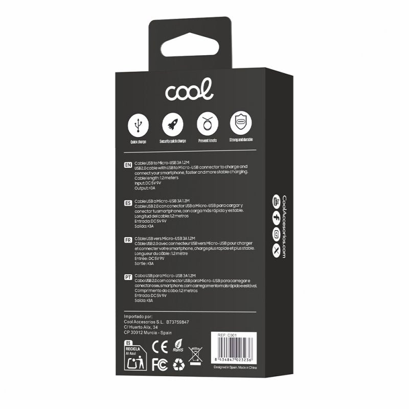 Cabo USB universal COOL compatível (Micro-Usb) 1,2 metros Preto 2,4 Amp