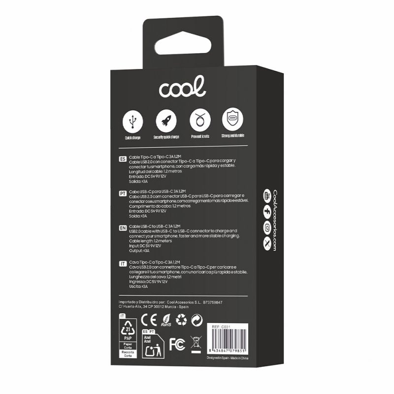 Cabo USB universal COOL compatível TYPE-C a TYPE-C (1 metro) Preto 3 Amp