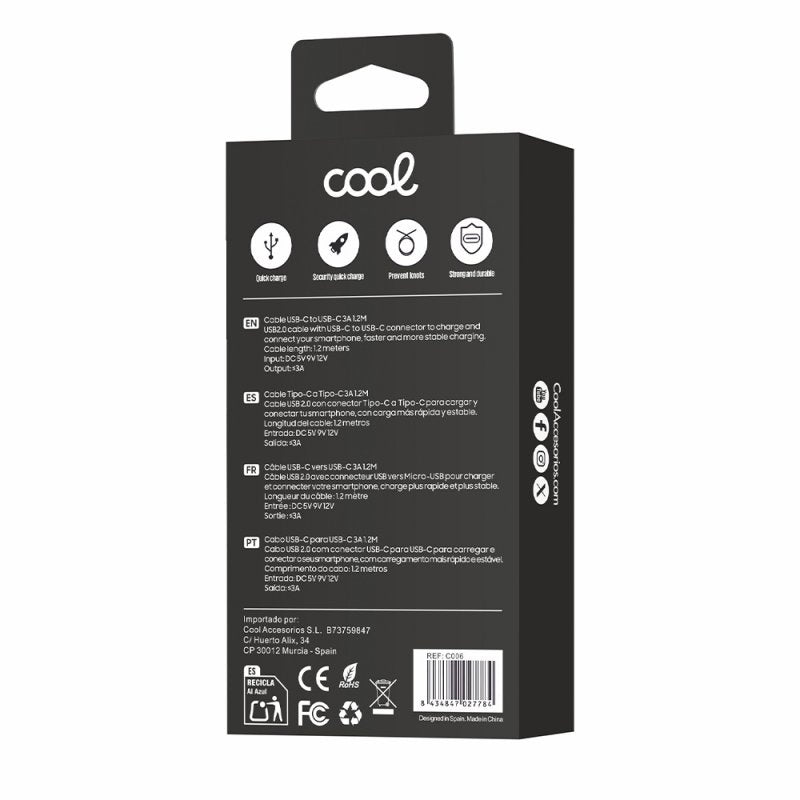 Cabo USB universal COOL compatível TYPE-C a TYPE-C (1.2 metros) Branco 3 Amp
