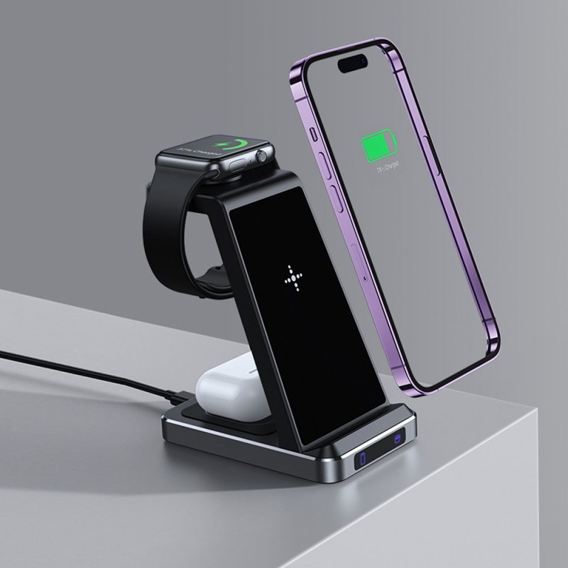 Carregador Base Dock Qi Sem Fio 3 em 1 COOL Preto