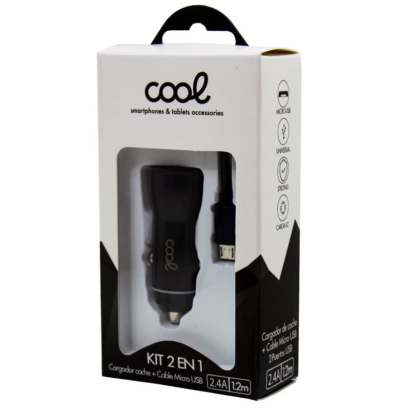 Carregador de carro Cabo MicroUsb (2 x USB) COOL 2.4A Kit 2 em 1 Preto