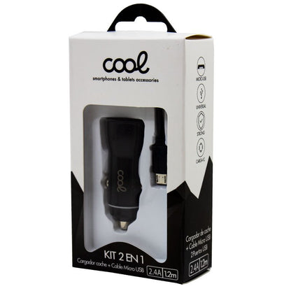 Carregador de carro Cabo MicroUsb (2 x USB) COOL 2.4A Kit 2 em 1 Preto