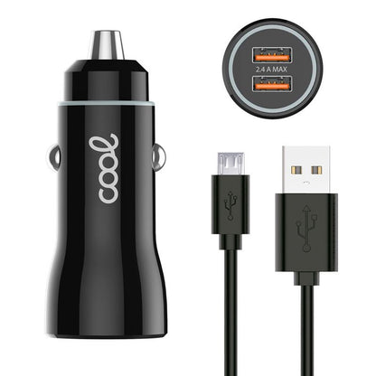 Carregador de carro Cabo MicroUsb (2 x USB) COOL 2.4A Kit 2 em 1 Preto