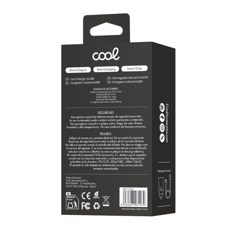 Carregador de carro cabo tipo C (2 x USB) COOL 2.4A Kit 2 em 1 preto