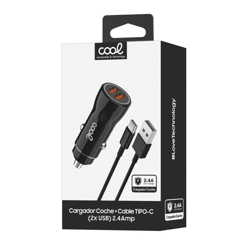 Carregador de carro cabo tipo C (2 x USB) COOL 2.4A Kit 2 em 1 preto